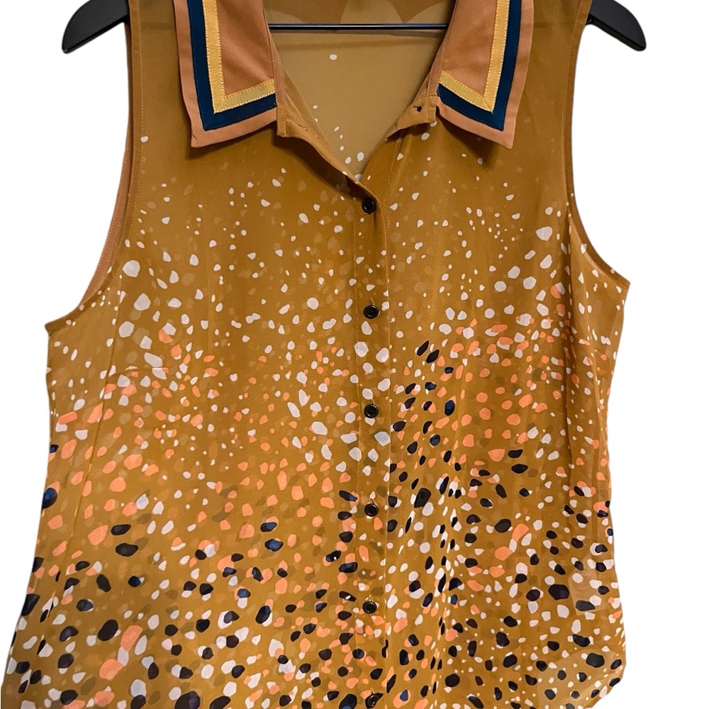 CAbi Mustard Sleeveless Button Front Blouse with Navy Trim - Picture 8 of 11